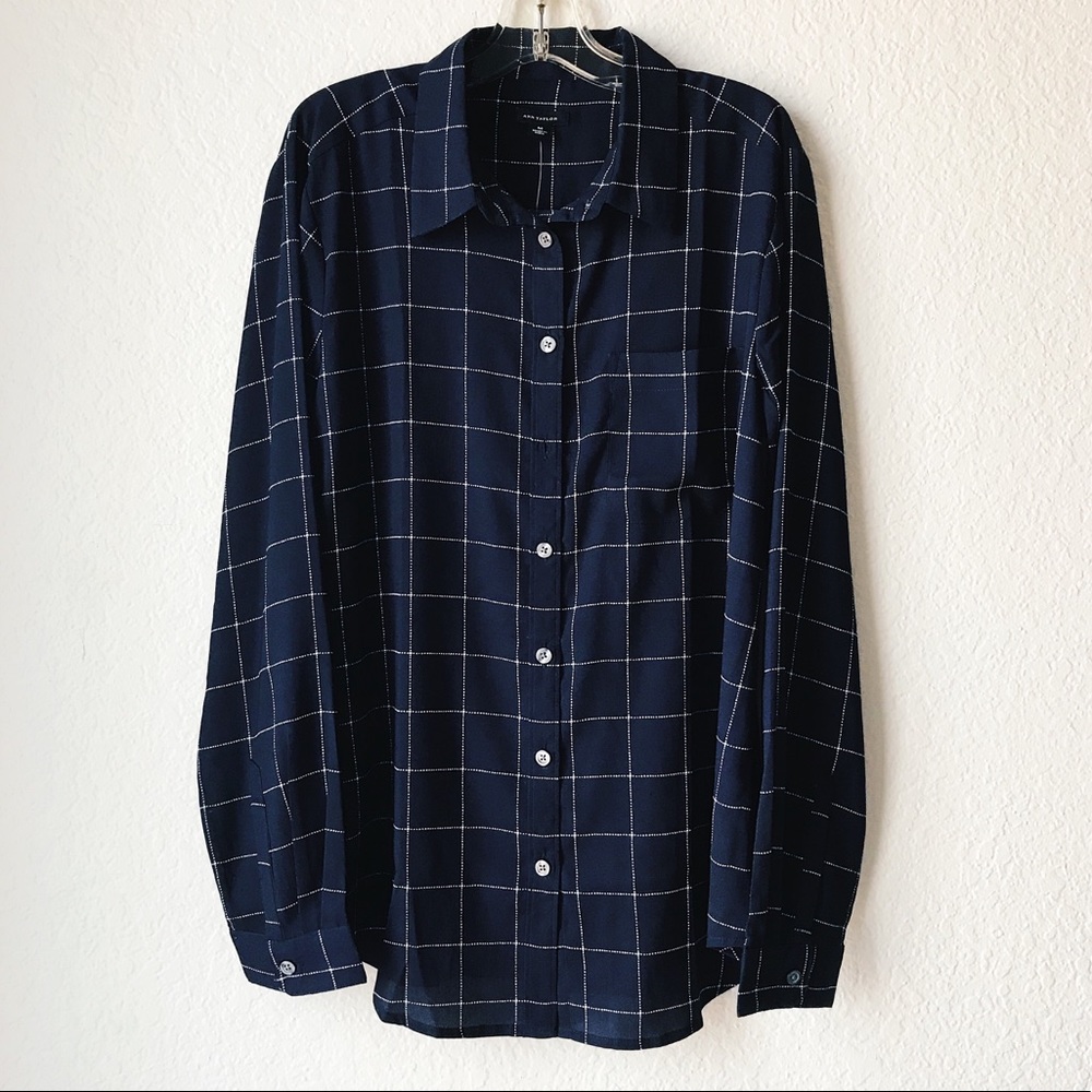 Ann Taylor navy blue button down blouse